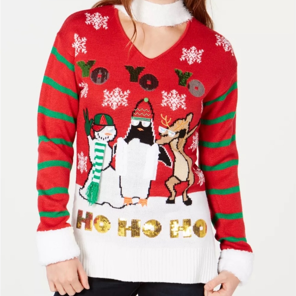 Ugly Christmas Sweater  Choker Funny Dj Rap Music , reindeer snowman penguin  Sm